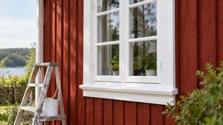Röd träfasad med vita fönsterfoder