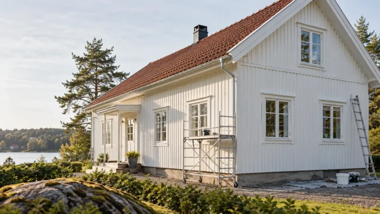 Vitt trähus med nymålad fasad och vita fönster
